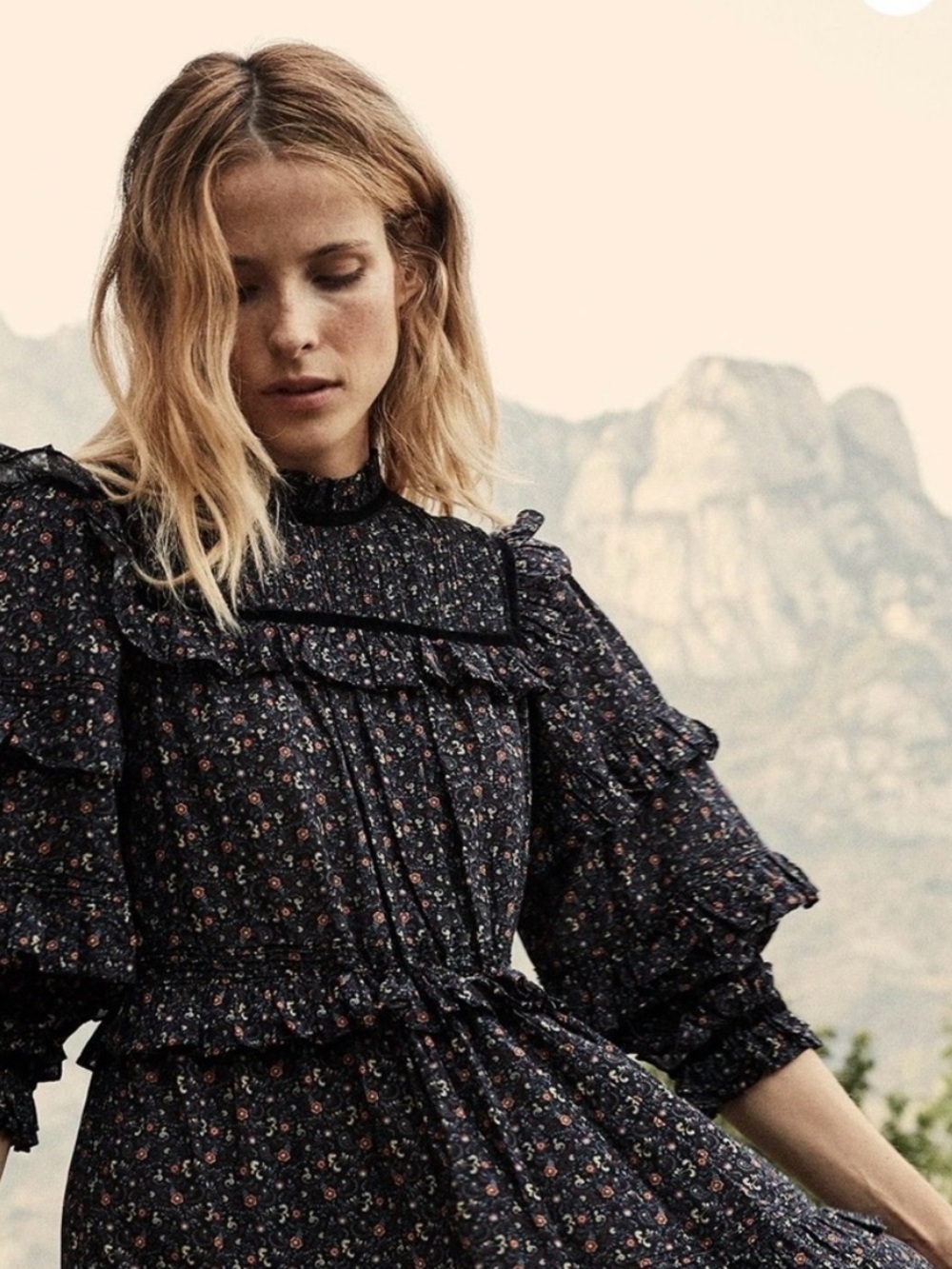 Doen Clay Dress in Black Mafia Maxi 3/4 Puff Sleeves Floral Print Tiered Ruffle - Picture 3 of 10
